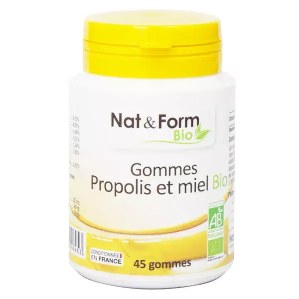 Gomas de própolis e mel orgânicas Nat & Form, 45 unidades.