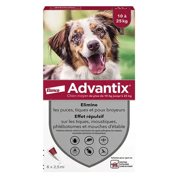 Solução Advantix para tratamento de pulgas e carrapatos em cães de porte médio, 10-25 kg, 6 pipetas.