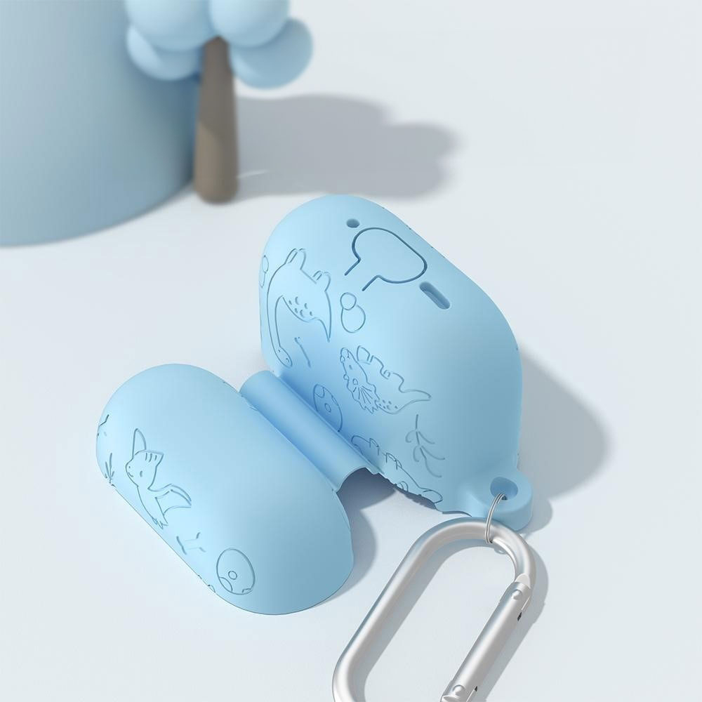 AirPods 4 Gummi Schutzhülle Dinosaurier Design Abdeckung mit Karabinerhaken - Blau