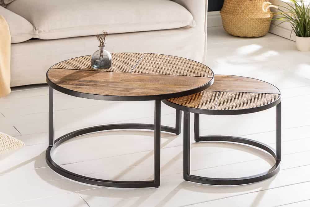 2er Set Couchtisch VIENNA LOUNGE 70cm rund Mangoholz massiv Wiener Geflecht Metall schwarz