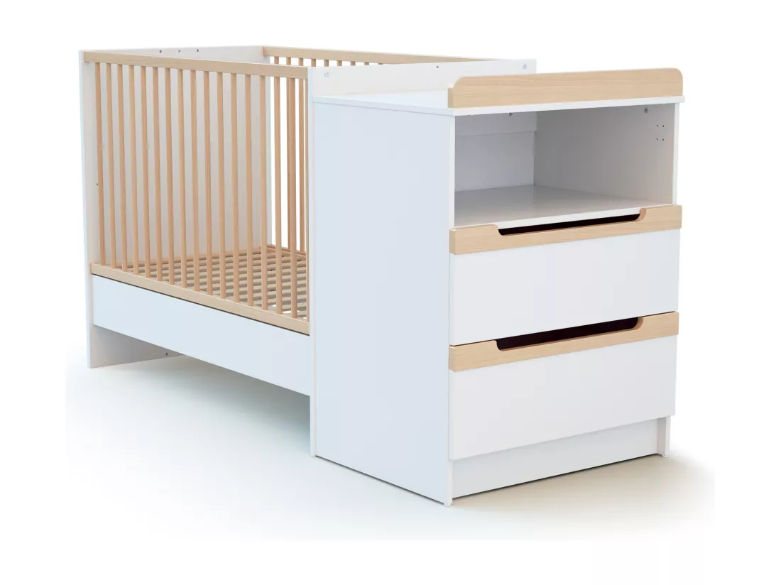 Combiné lit bébé évolutif en bois CARROUSEL Blanc et Hêtre Verni 60 x 120 cm