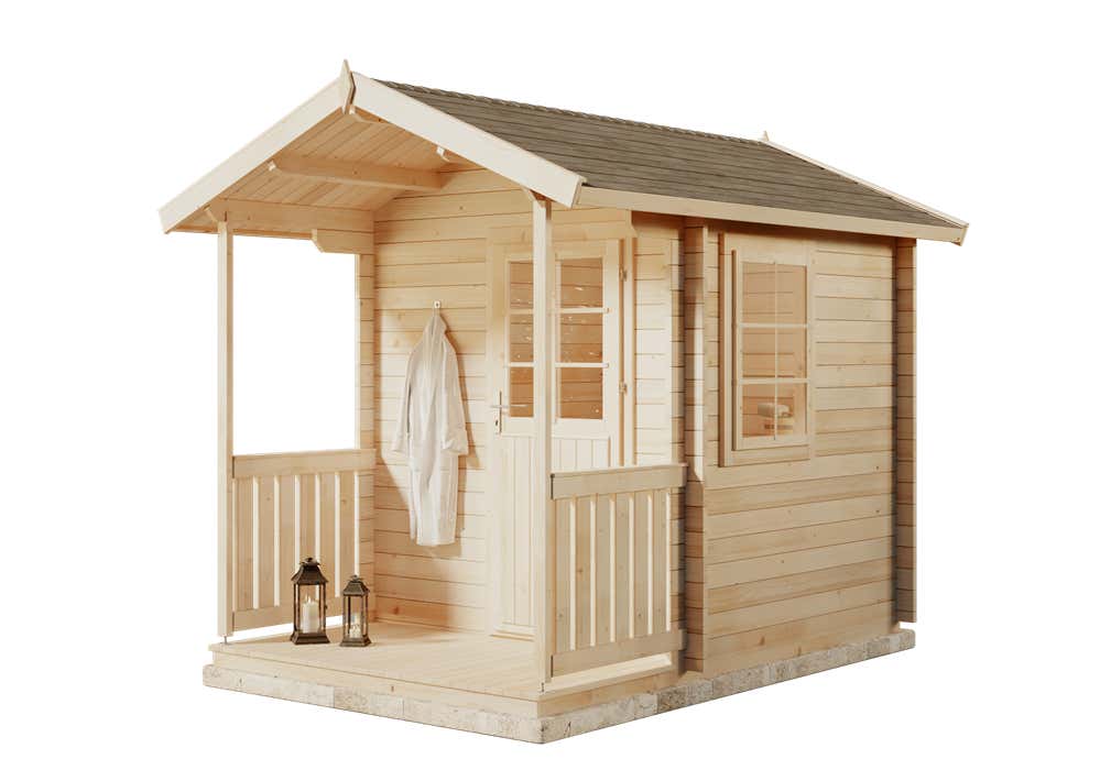 FinnTherm Niklas Tuinsauna met 2 houten banken, 40 mm dikke wanden, buitensauna, natuurlijke afwerking, 2,2 x 2,2 m