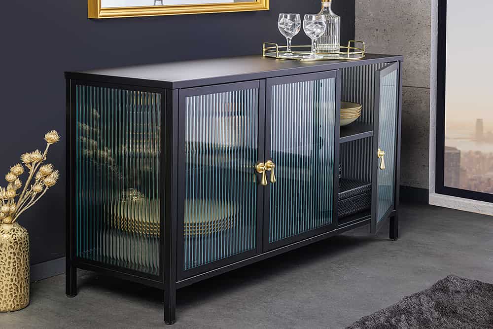 Modernes Sideboard AMSTERDAM 105cm schwarz gold Riffelglas Metall Vitrine Schrank