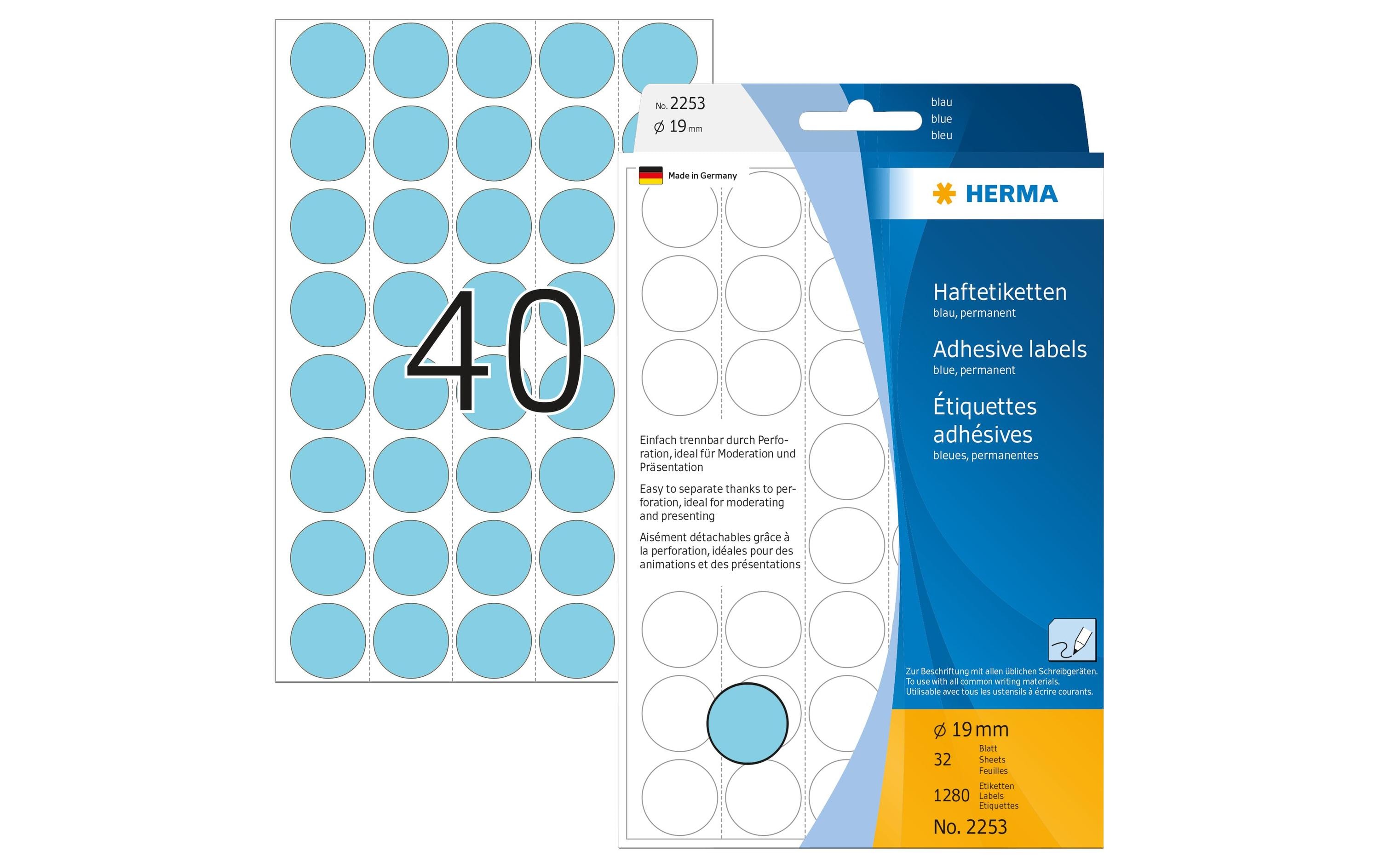 Vielzweck-Etiketten 2253 Blau Ø 19 mm, 32 BlattSelbstklebende Markierungspunkte