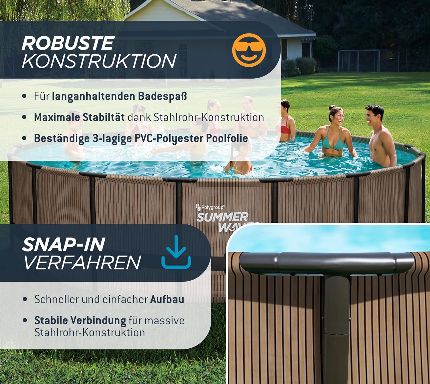 Summer Waves Frame Pool Komplettset | Rund 549x132 cm Teak Optik Braun | Aufstellpool Set | Gartenpool & Schwimmbecken inkl. Filterpumpe, Einstiegsleiter, Abdeckplane, Bodenvlies & Reinigungsset