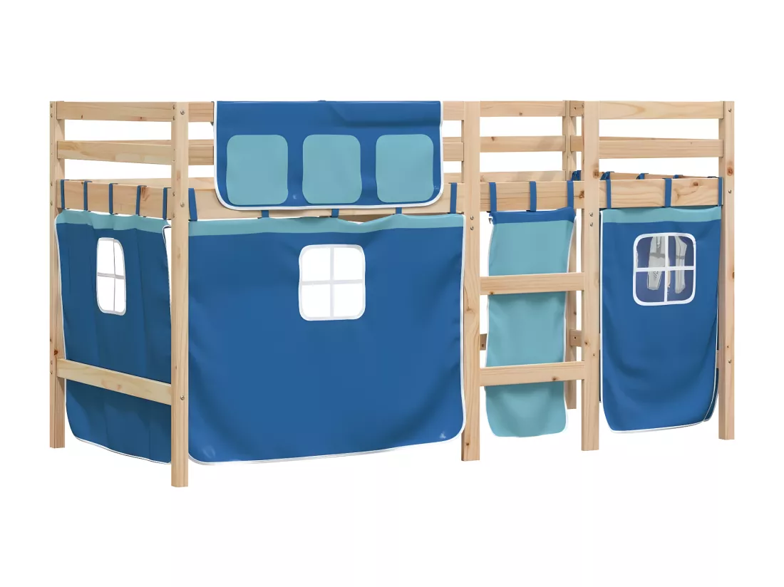 Lit mezzanine enfants et rideaux bleu 90x200cm bois pin massif