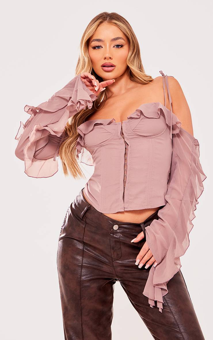 Mauve Corset Bardot À Baleines En Tissu Tissé Avec Détails De Volants Et Fermeture À Agrafes