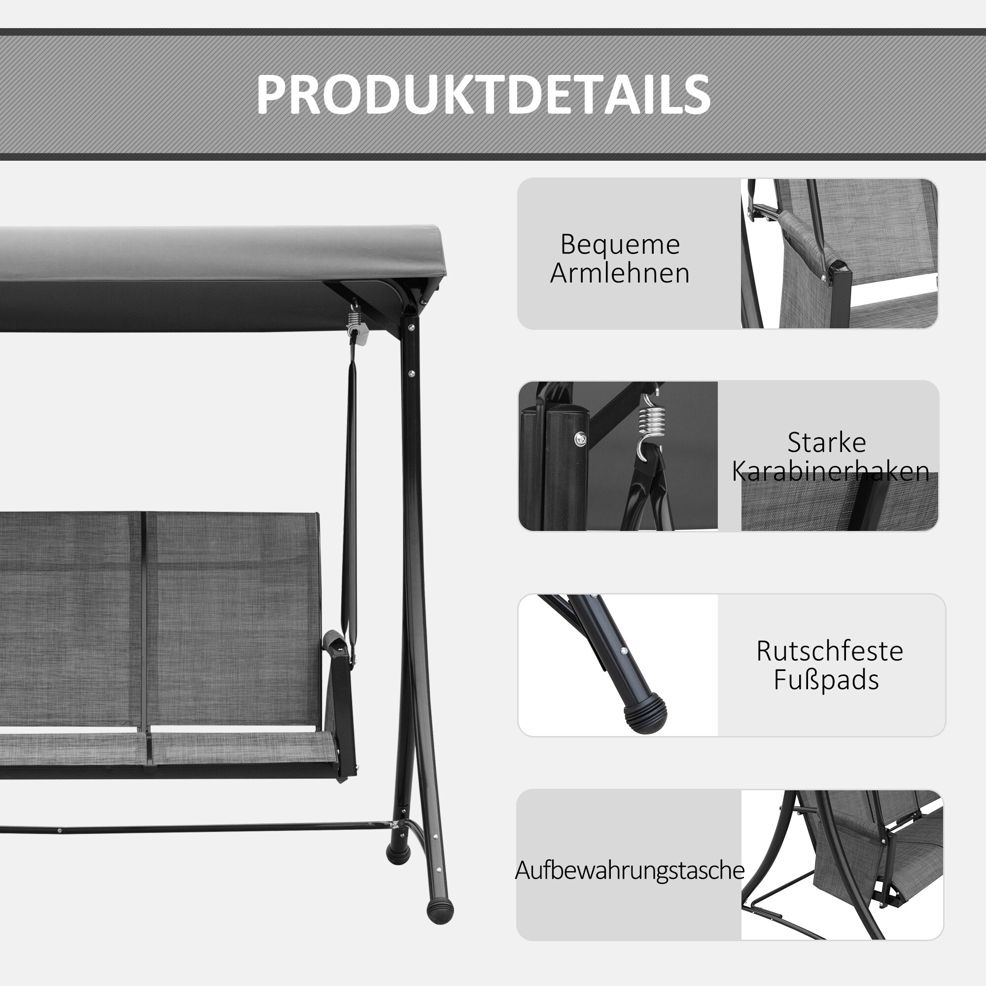 Outsunny Hollywoodschaukel für 3 Personen dunkelgrau 196 x 128 x 172 cm (BxTxH)