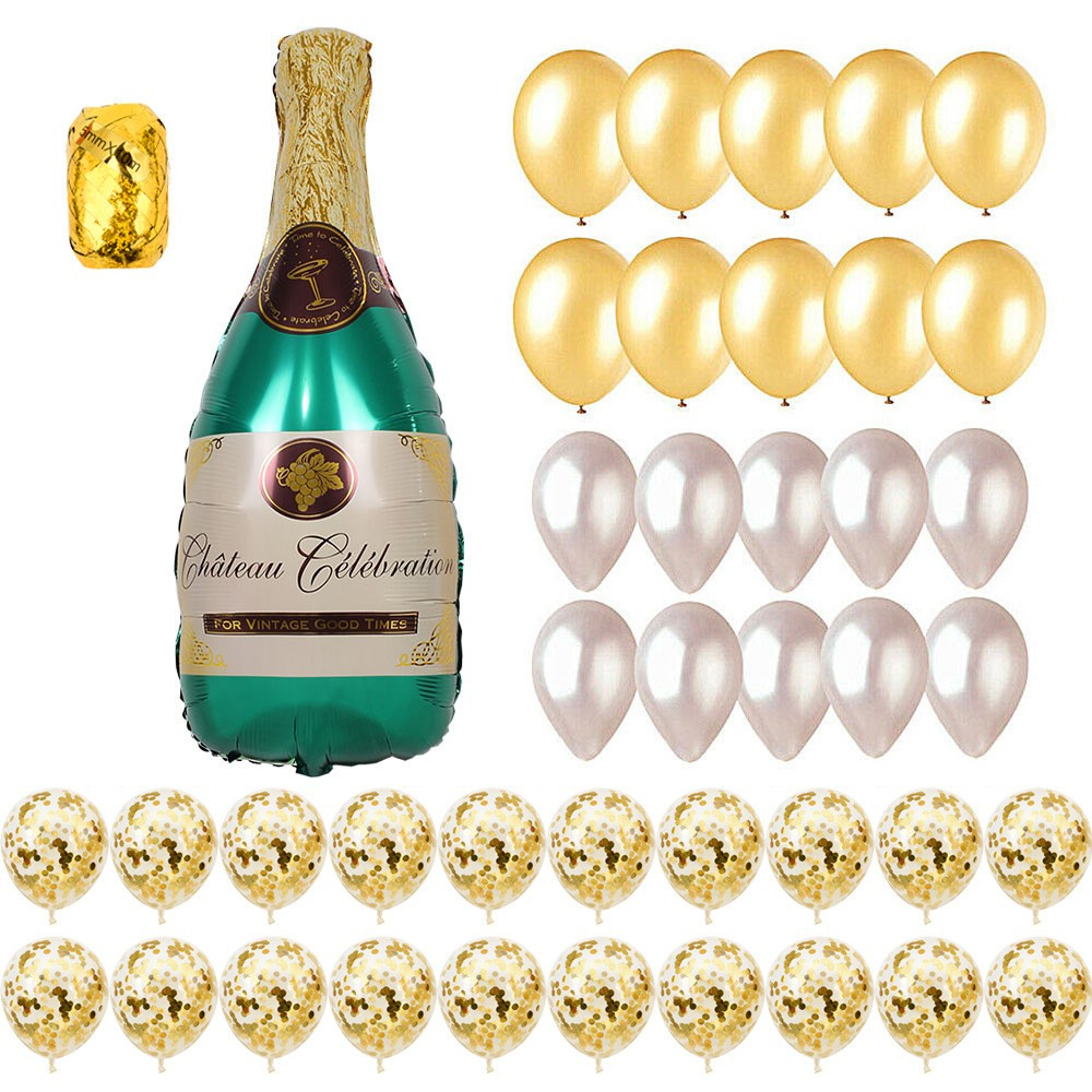 (42-tlg. Set) Party Ballons Champagnerflasche Konfetti Luftballons Latex- und Folienballons - Gold / Silber / Grün