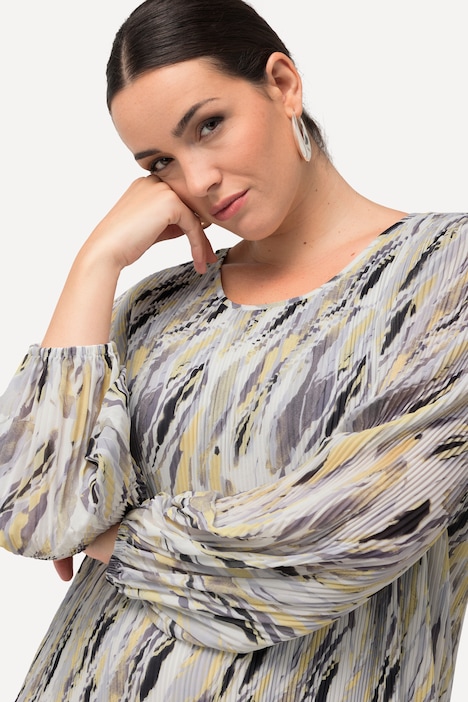 Plissee-Kleid, Marmordruck, Godetfalten, Rundhals, Langarm