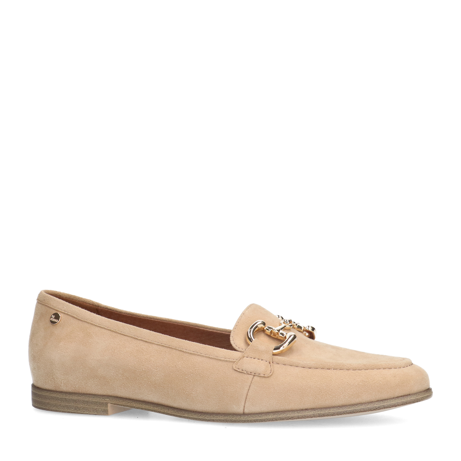 Beige suède loafers met gouden chain