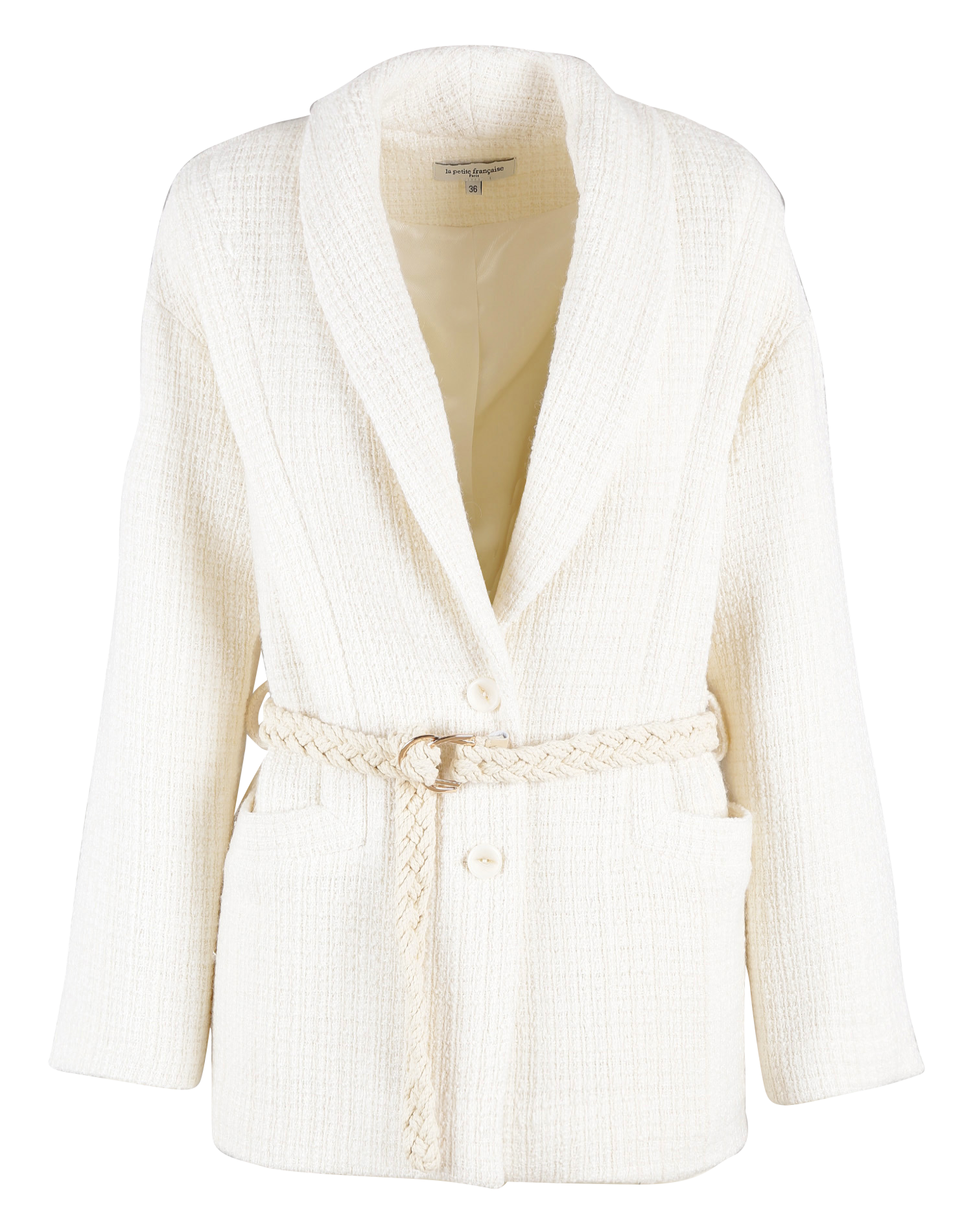 VALENTIN - Veste col châle ceinturée en tweed | Blanc