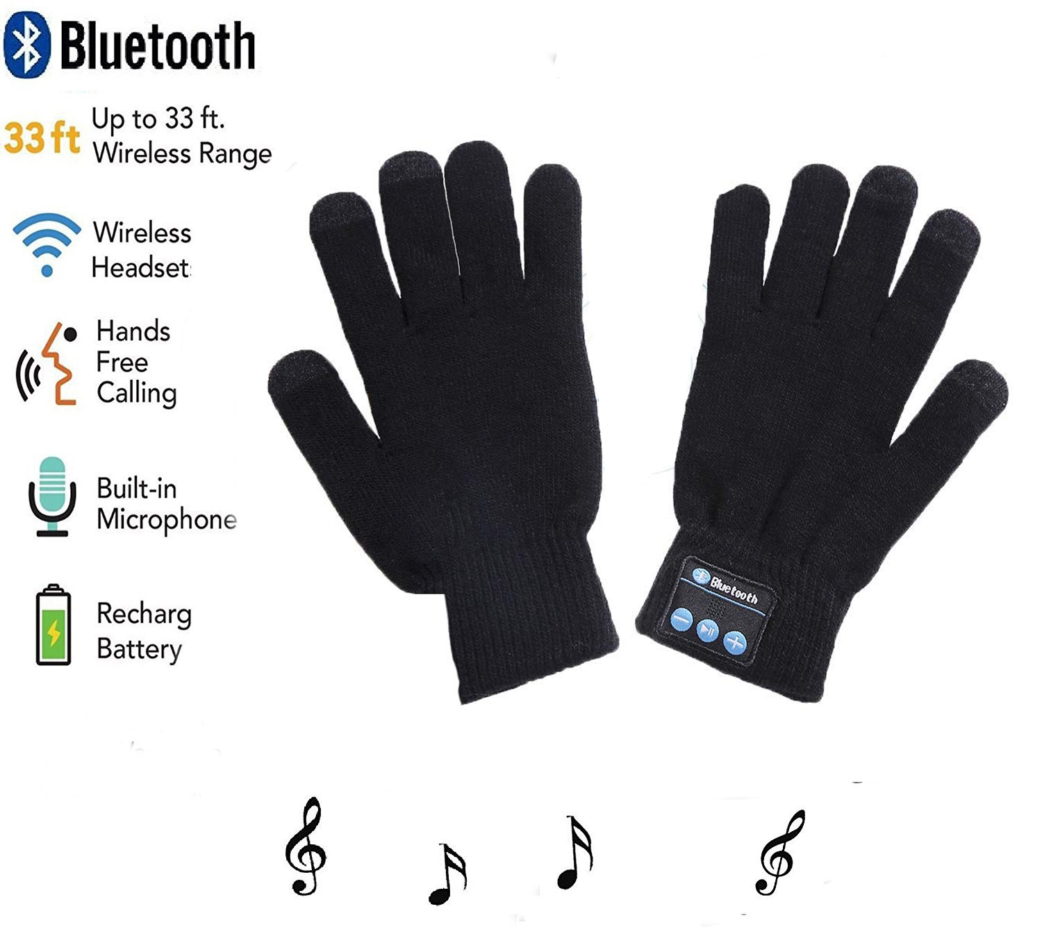 (1 Paar) Kapazitive Touch Screen Strick Handschuhe mit Bluetooth Handsfree Headset für Smartphone / Tablet (Unisex) - Schwarz
