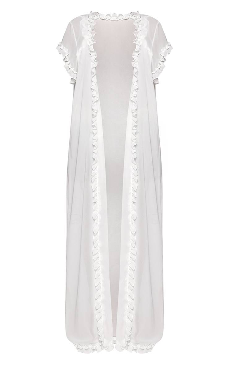 Blanc Robe Déshabillé Transparente En Mousseline À Volants Et Liens À Nouer Devant