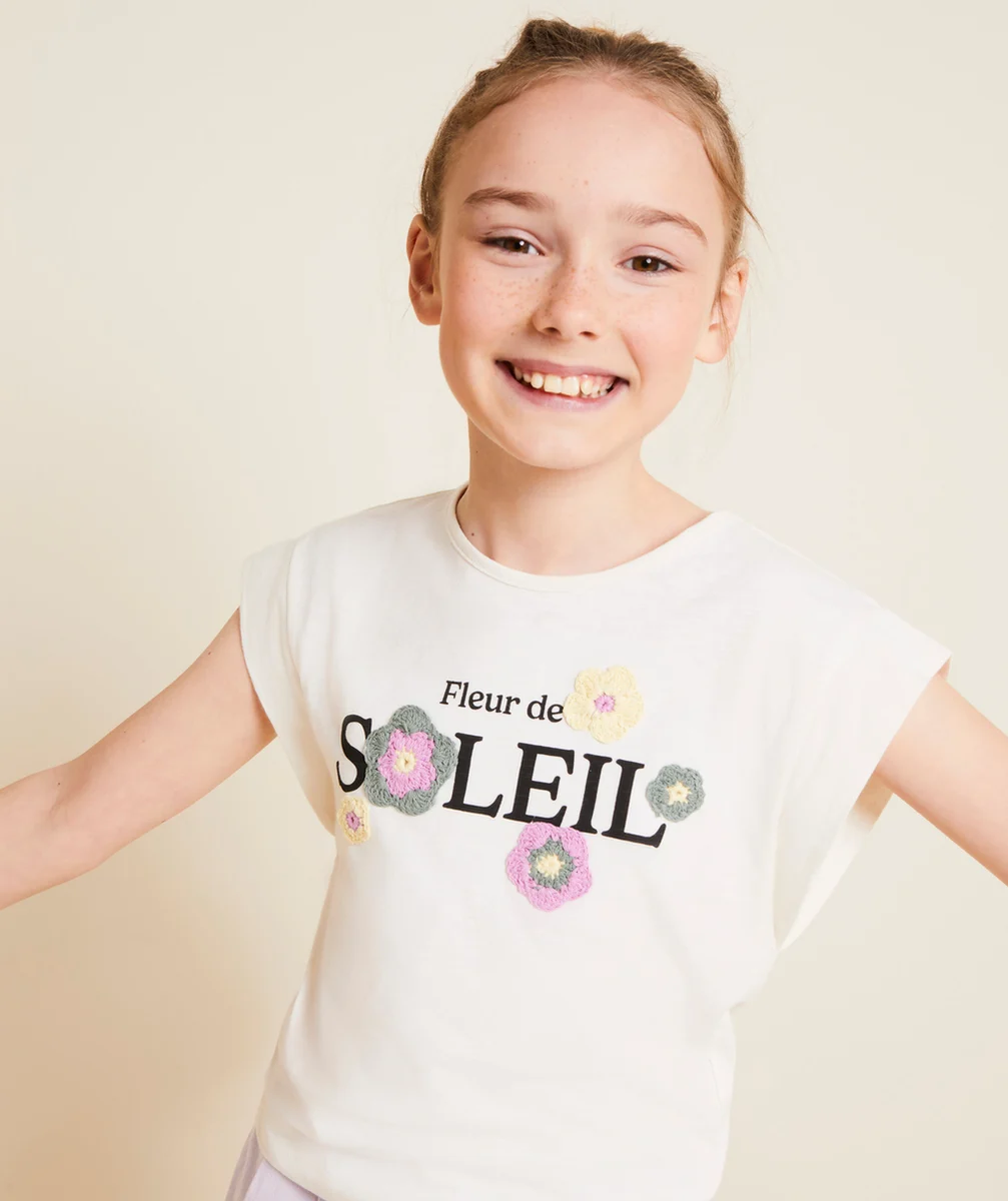 t-shirt manches courtes fille en coton bio blanc avec crochet