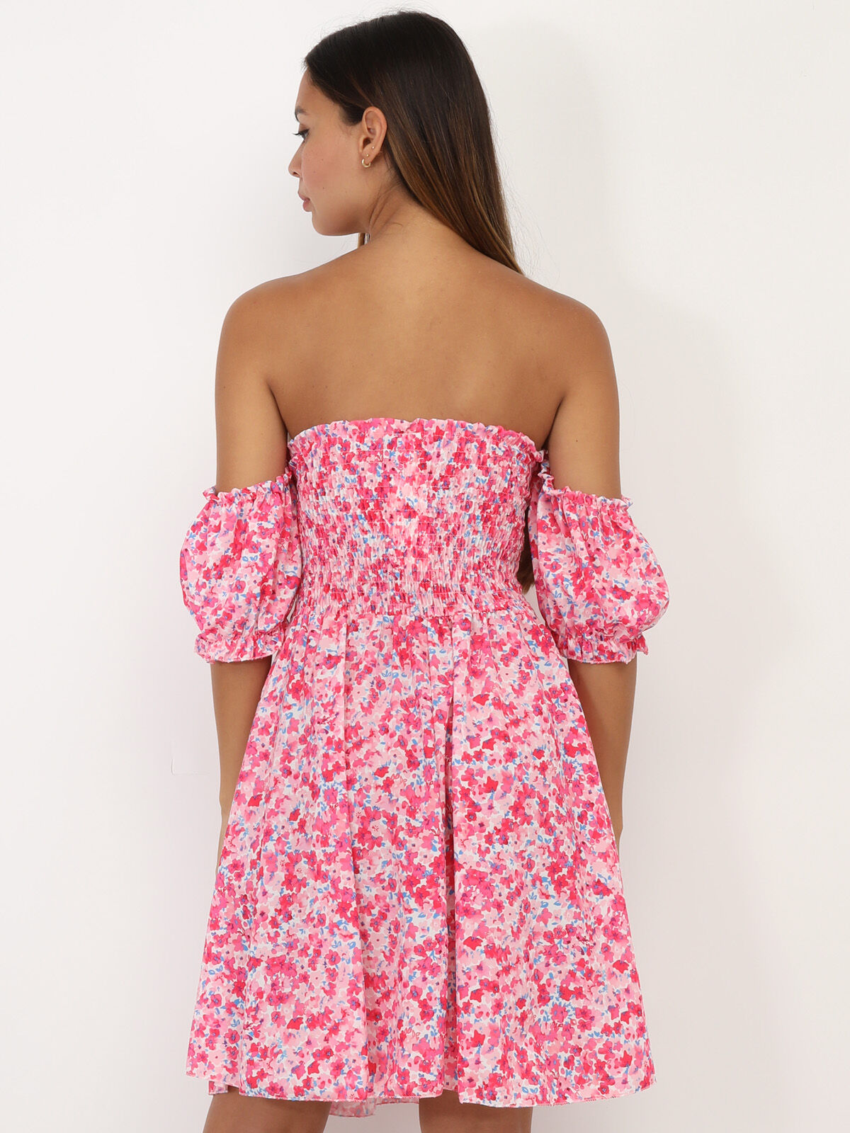 Robe bardot à fleurs et manches ballon- Blanc / rose