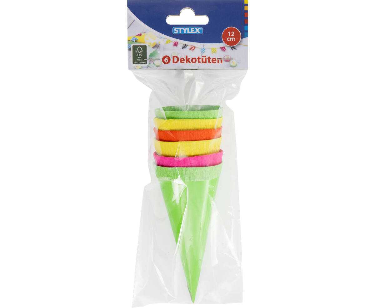 Mini-Schultüten blanko zum Dekorieren 12 cm rund neonfarben 6er