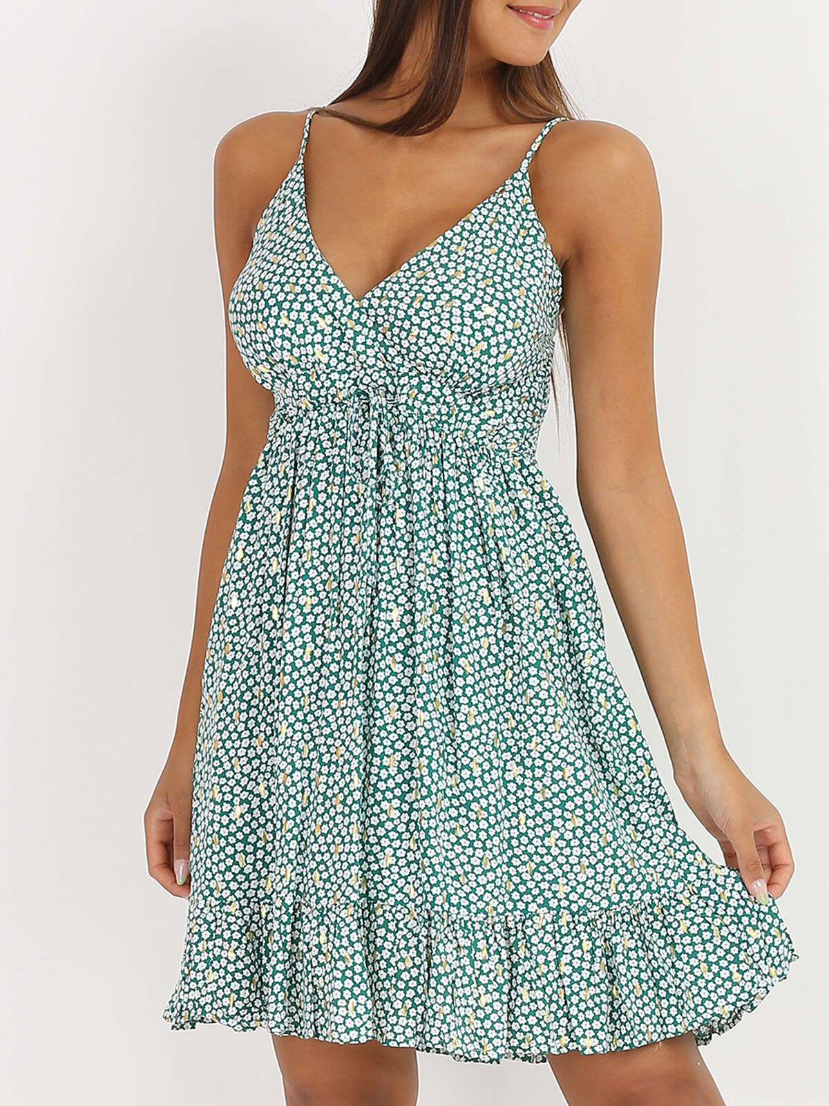 Robe courte cache-cœur à fleurs- Vert