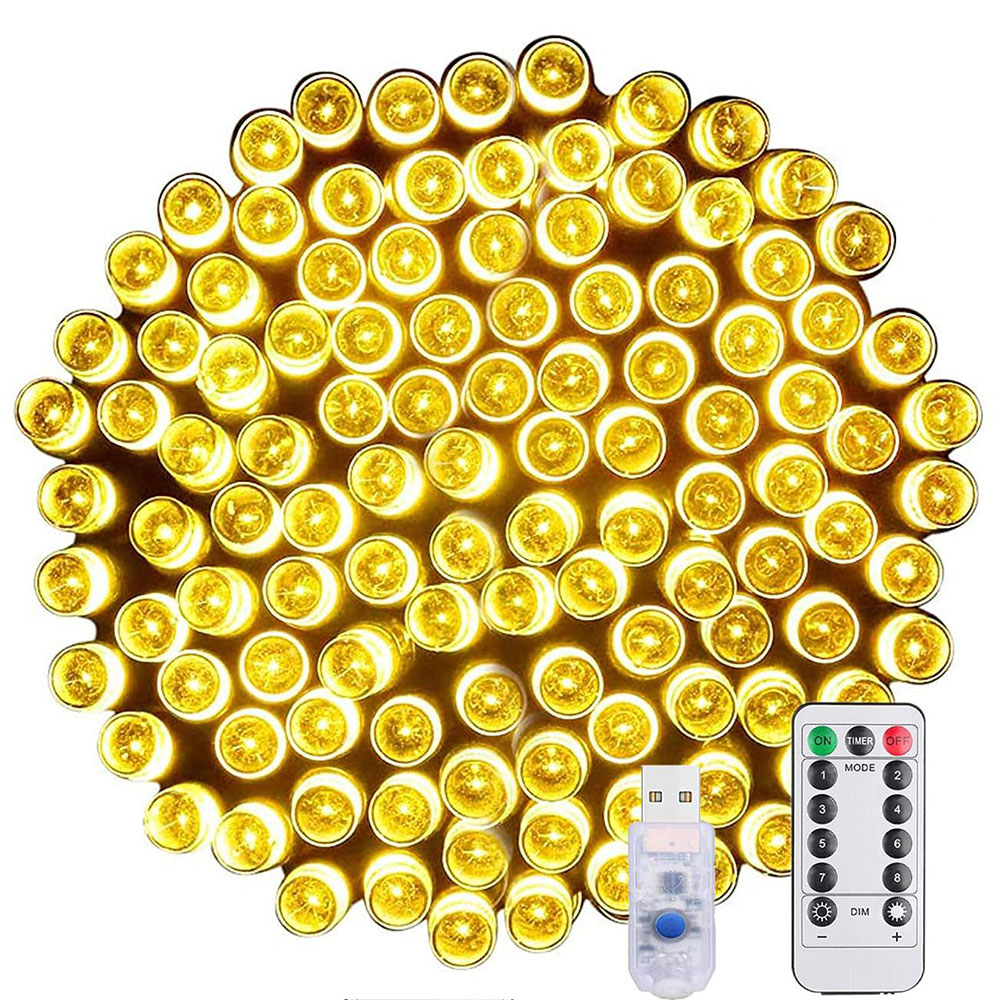 (12m) 100 LED's Deko USB Lichterkette Outdoor Beleuchtung 8 Modi   Fernbedienung IP65 - Warmweiss