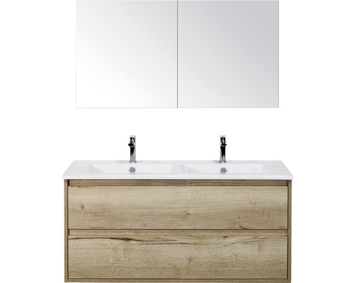 3-delige badkamermeubelset, dubbele wastafel Sanox Porto, BxHxD 121 x 170 x 51 cm, frontkleur eiken naturel, met keramische wastafel wit, 84730227
