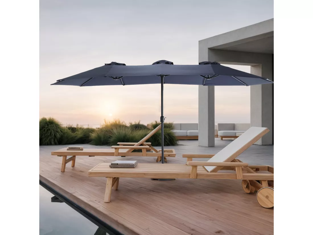 Parasol déporté - en acier et 100% tissu polyester - pour balcon jardin plage - Sans Base - 453x267x255cm - Bleu nuit