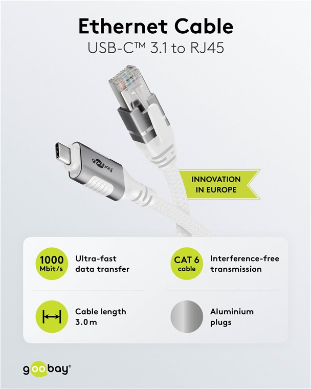(3m) USB C 3.1 auf CAT 6 Ethernet LAN RJ45 Netzwerk Kabel Patchkabel mit 1000 Mbit/s (74177) - Weiss