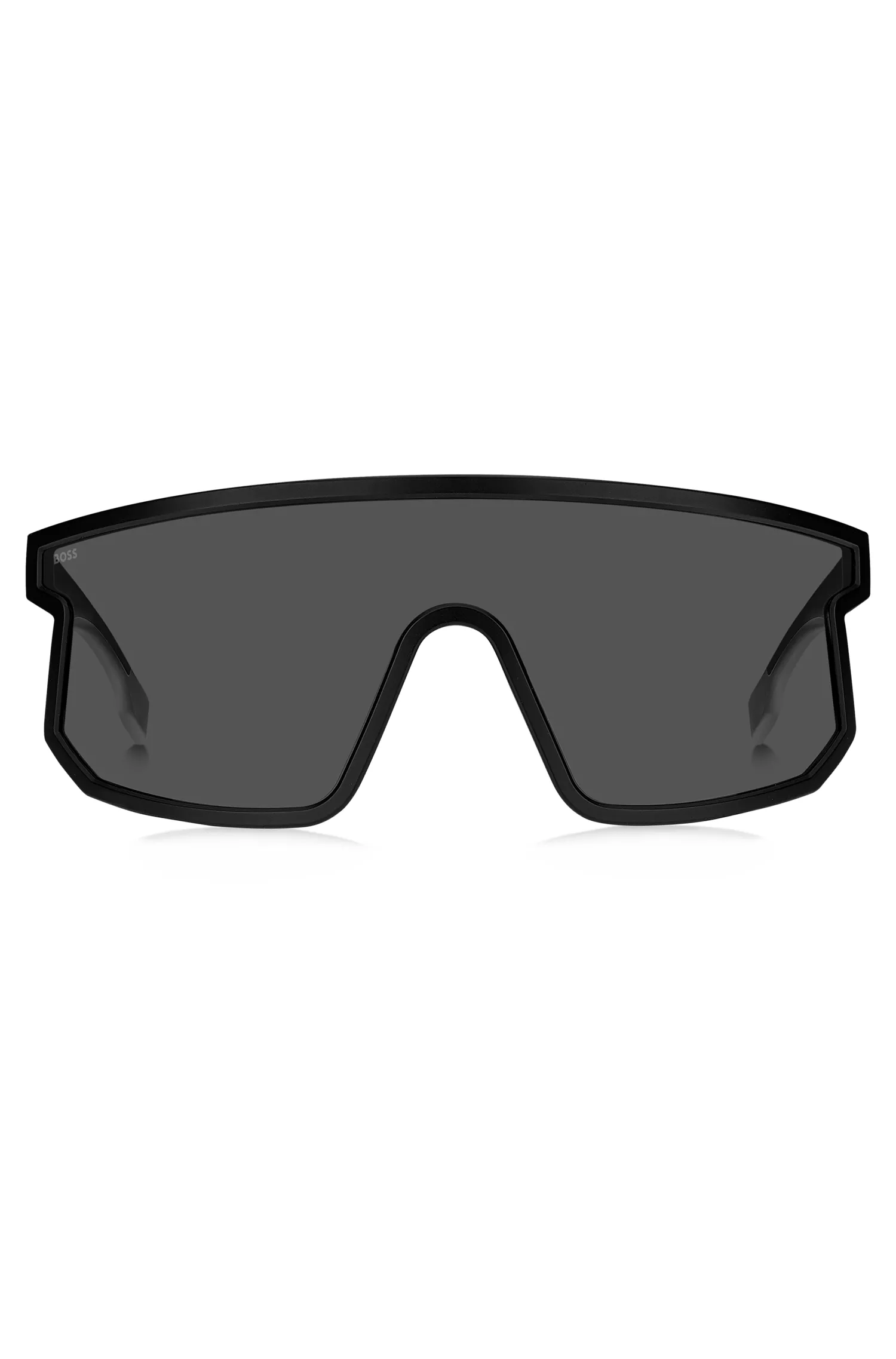 Óculos de sol BOSS estilo máscara, na cor preta, com hastes personalizadas com a marca.