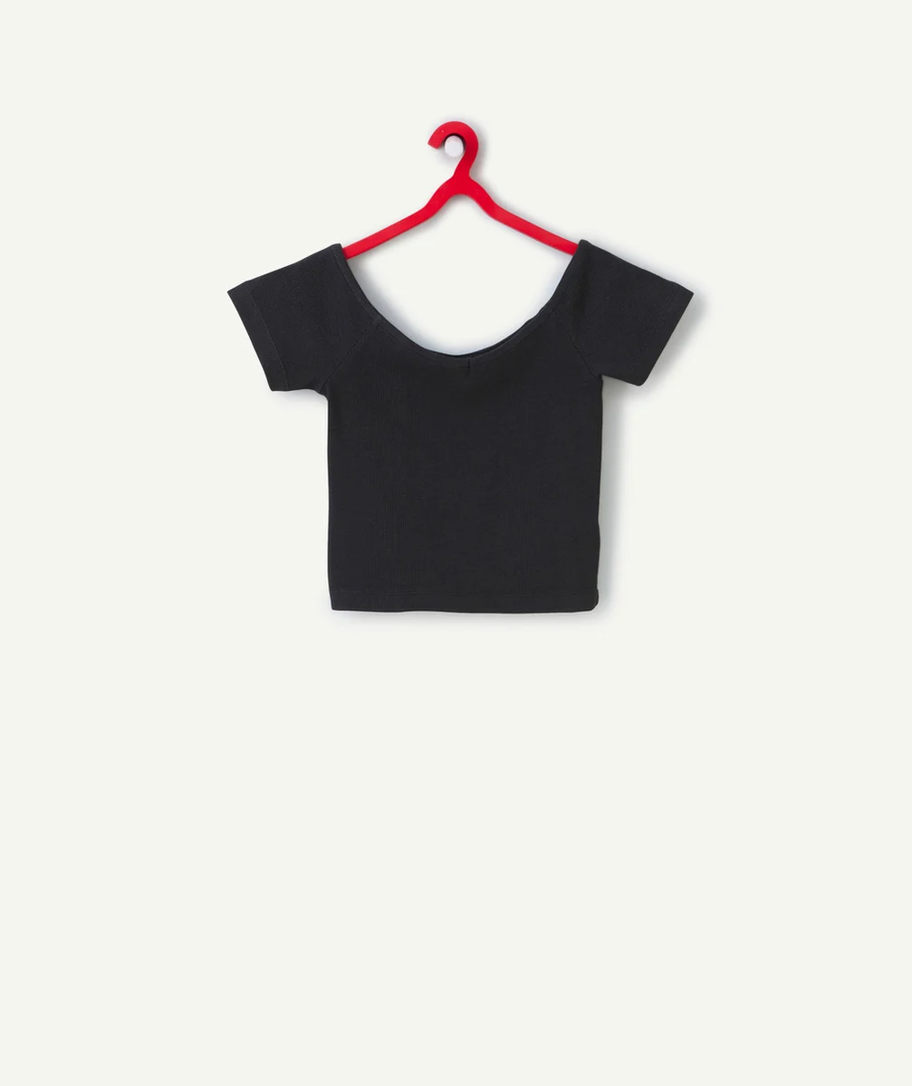 t-shirt col bardot fille en coton bio côtelé noir