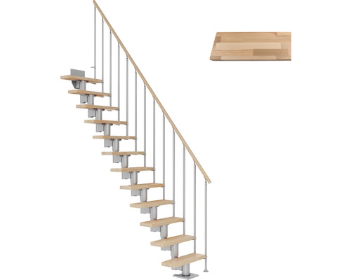 Pertura Spiros middentrap, parelgrijs, recht, 75 cm, balustrade, beuken gelamineerd hout, gelakt, 11 treden / 12 stootborden