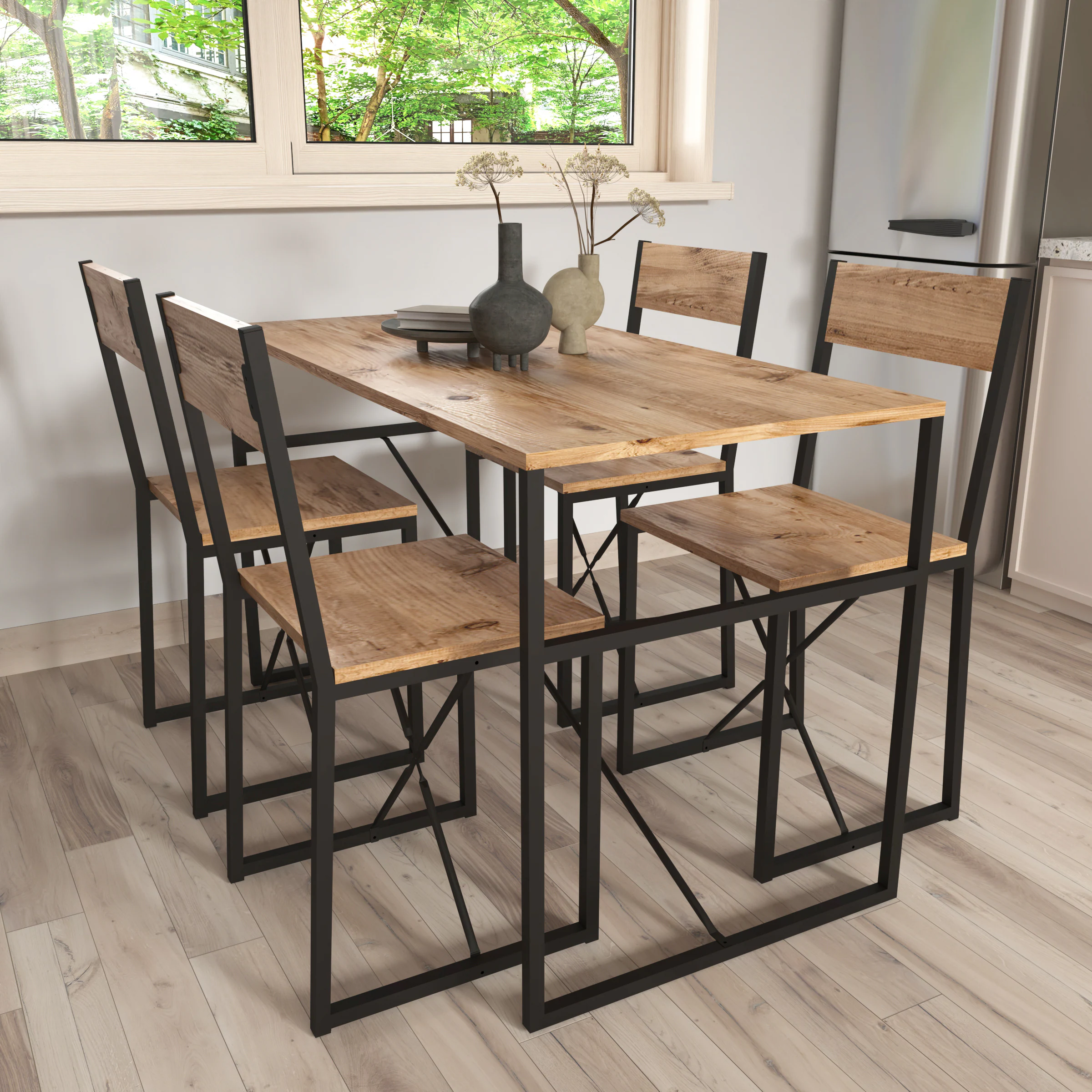 VCM 5-tlg. Holz Metall Essgruppe Küchentisch Esstisch Set Tischgruppe Tisch Stühle Insasi L