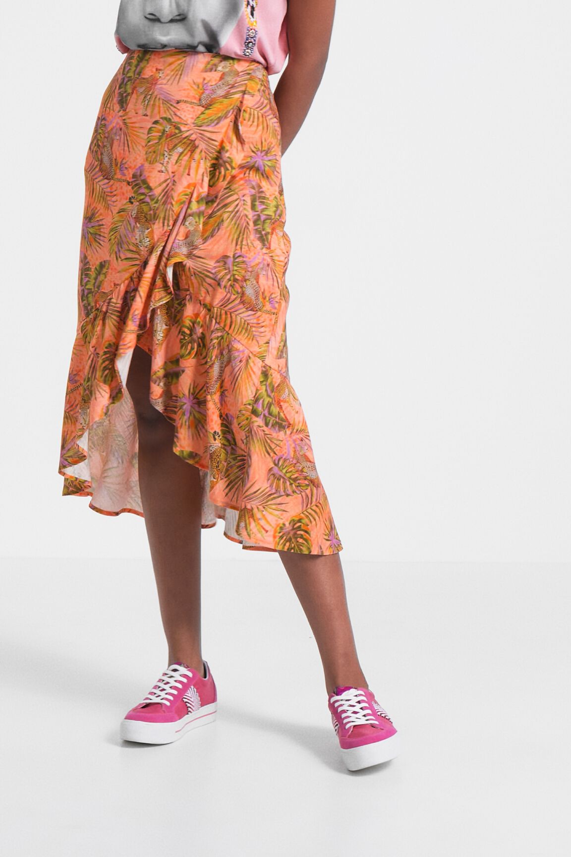 Jupe midi tropicale à volants