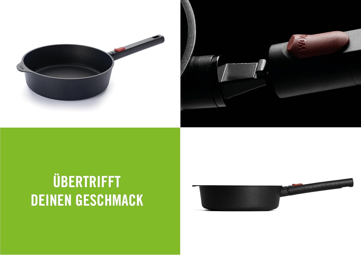 Woll Diamond Logic XR Hochrandpfanne - Induktiv -, Ø 24 cm, 7 cm hoch, mit abnehmbarem Stiel - Geeignet für alle Herdarten, Aluminiumguss, Antihaft-Versiegelung, backofenfest, schwarz