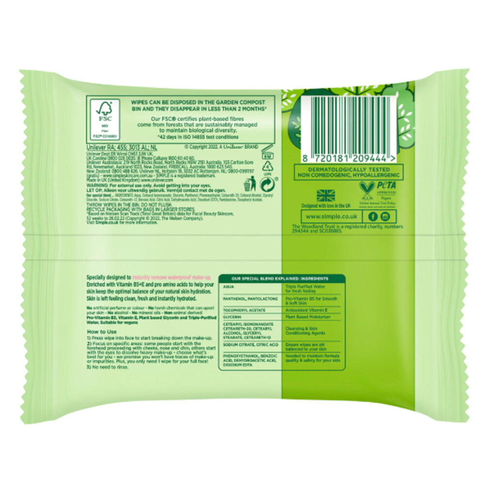 Simple Reinigingsdoekjes Gevoelige Huid25 stuks
