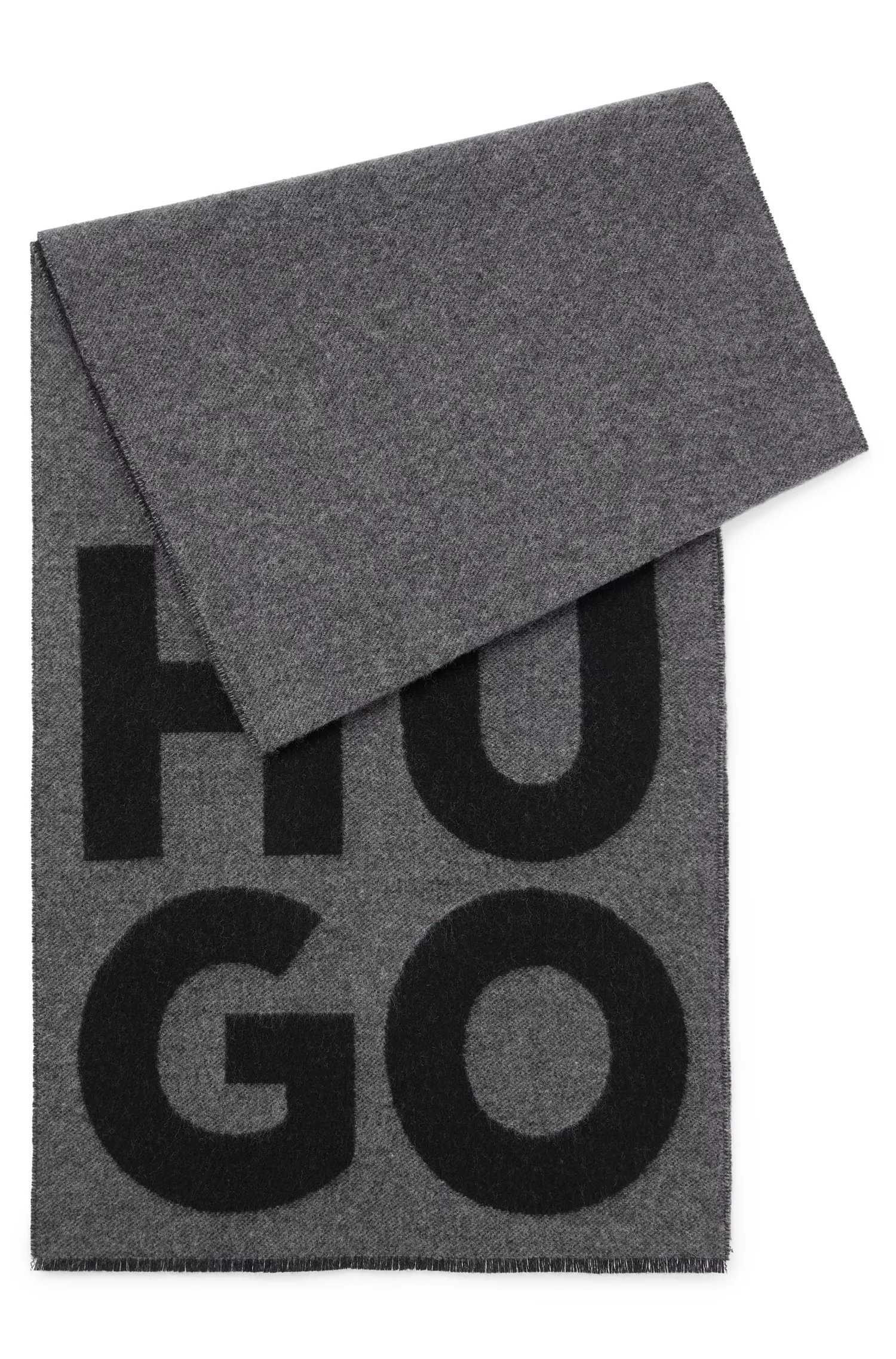 Cachecol HUGO em mistura de lã vermelha com logotipo sobreposto e franjas.
