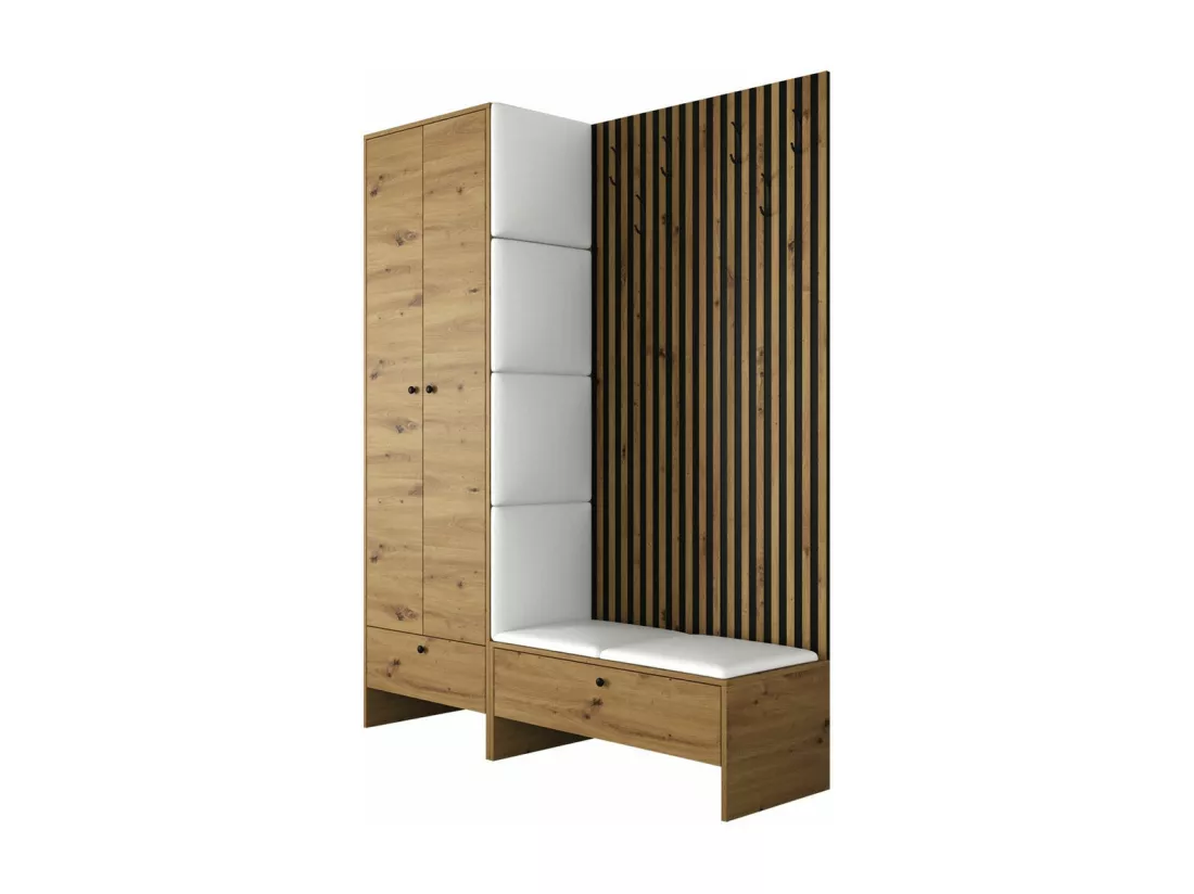 Meuble d'entrée Hartford 320, 206x145x44cm, Noir|Chêne Artisan, Faux cuir|Stratifié