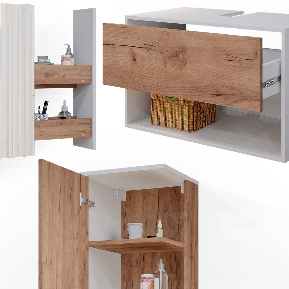 Vicco Badmöbelset Waschtischunterschrank Spiegelschrank Hochschrank Kate Weiß Eiche Badmöbel