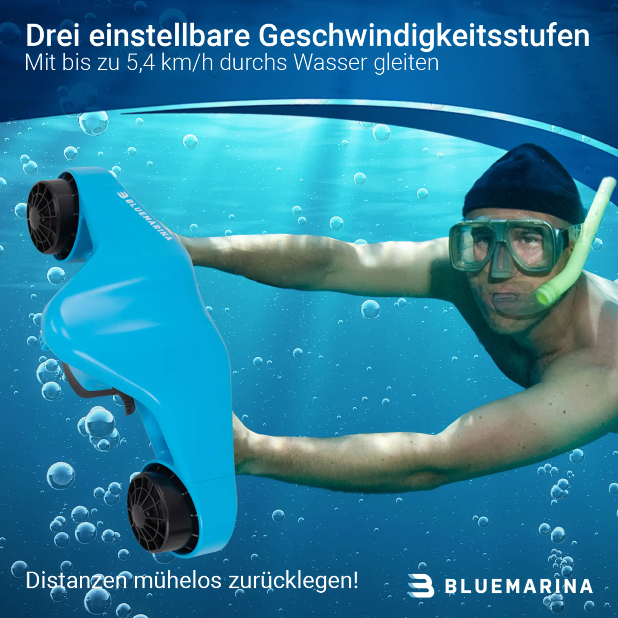 Bluemarina Tauchscooter Orca, Seascooter mit 3 Geschwindigkeiten, 30 Meter Tauchtiefe, 2 x 500 Watt
