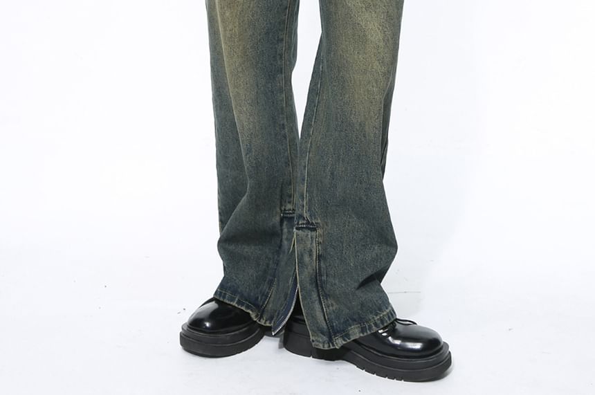 FAERIS - Mid Rise Washed Zip Slit Loose Fit Jeans