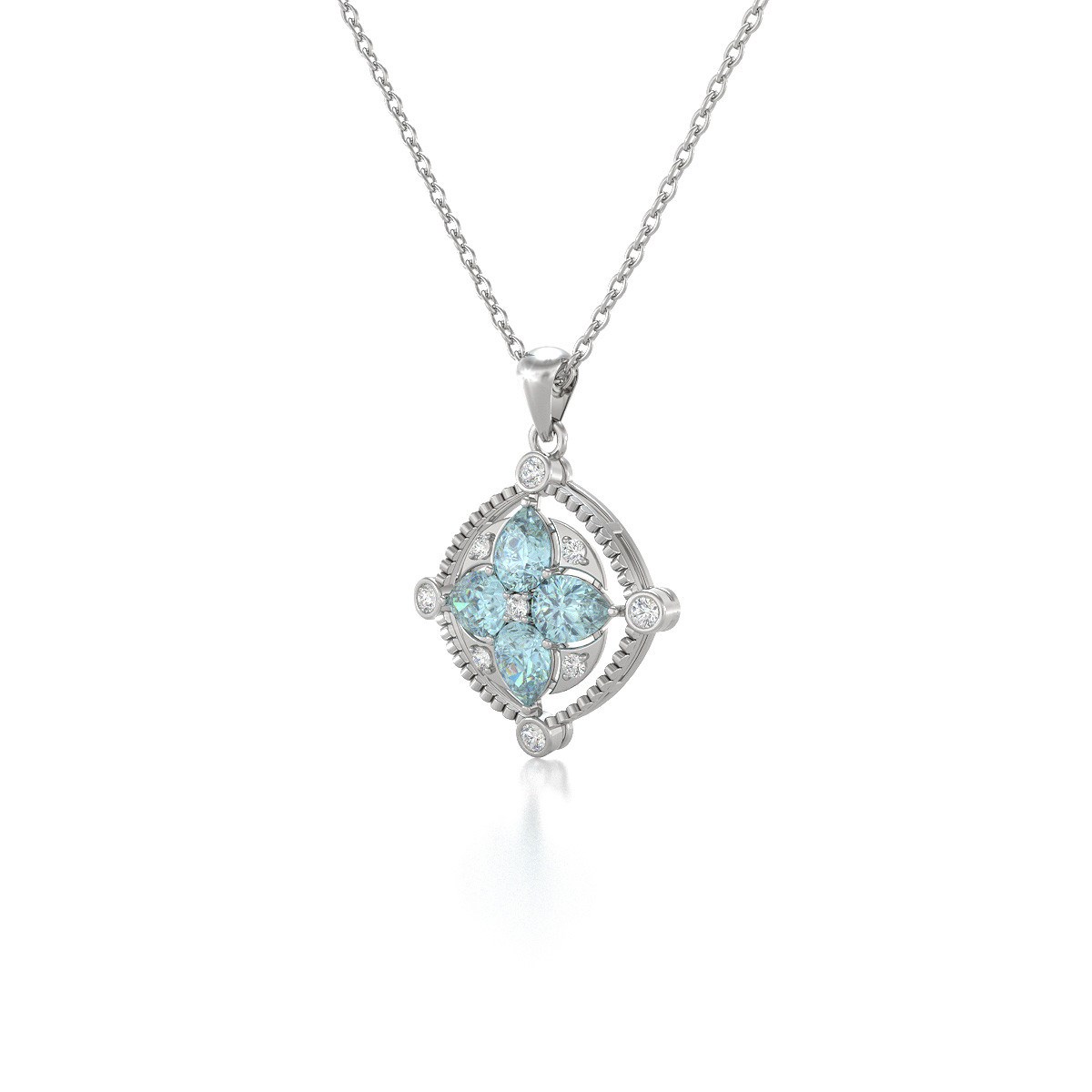 Collier Pendentif Or Blanc Médaillon Aigue-Marine et Diamants - Bijou d'Exception pour un Anniversaire Inoubliable | Aden