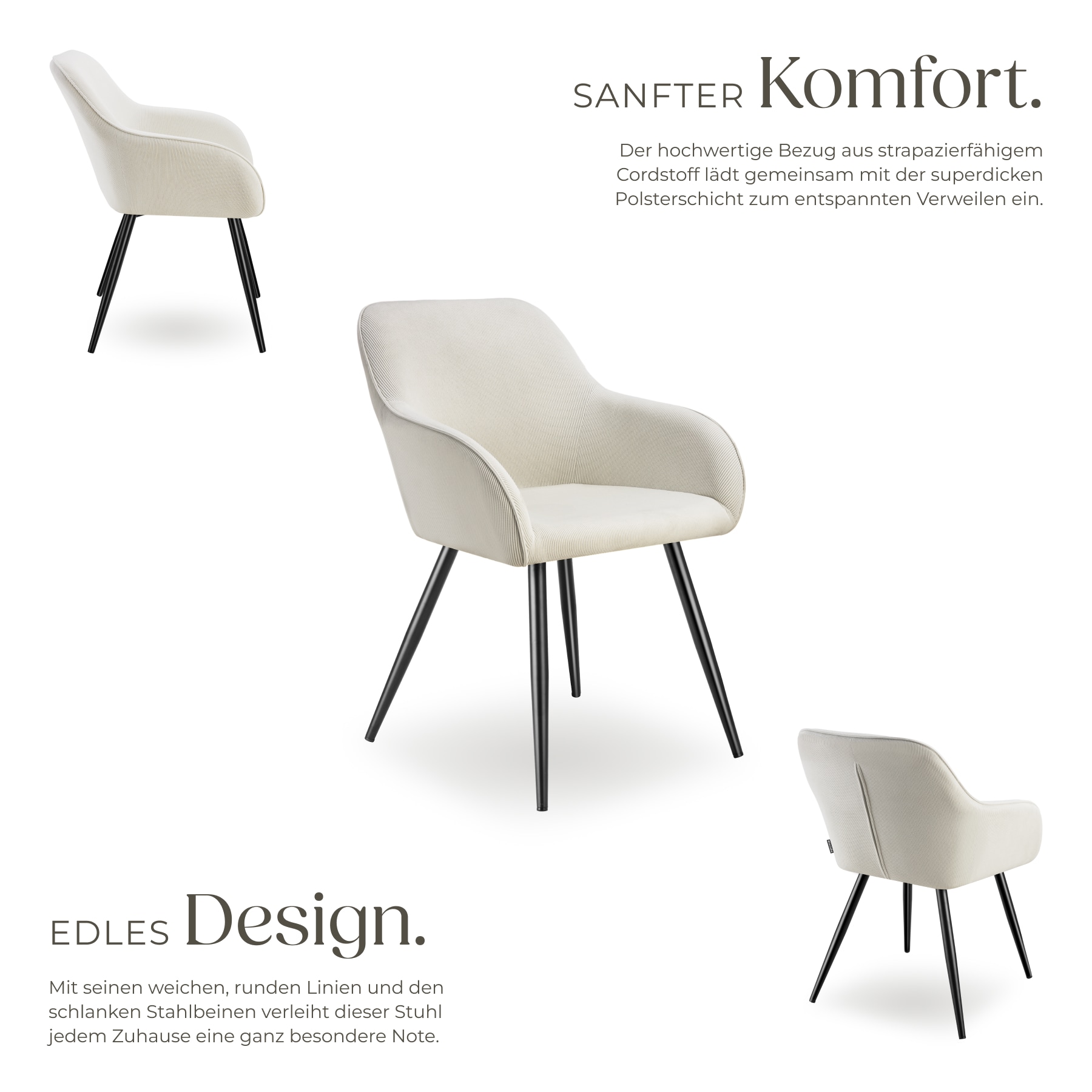 tectake® Esszimmerstuhl, gepolstert, in Cordoptik, robuste Stahlbeine, 58 x 62 x 82 cm