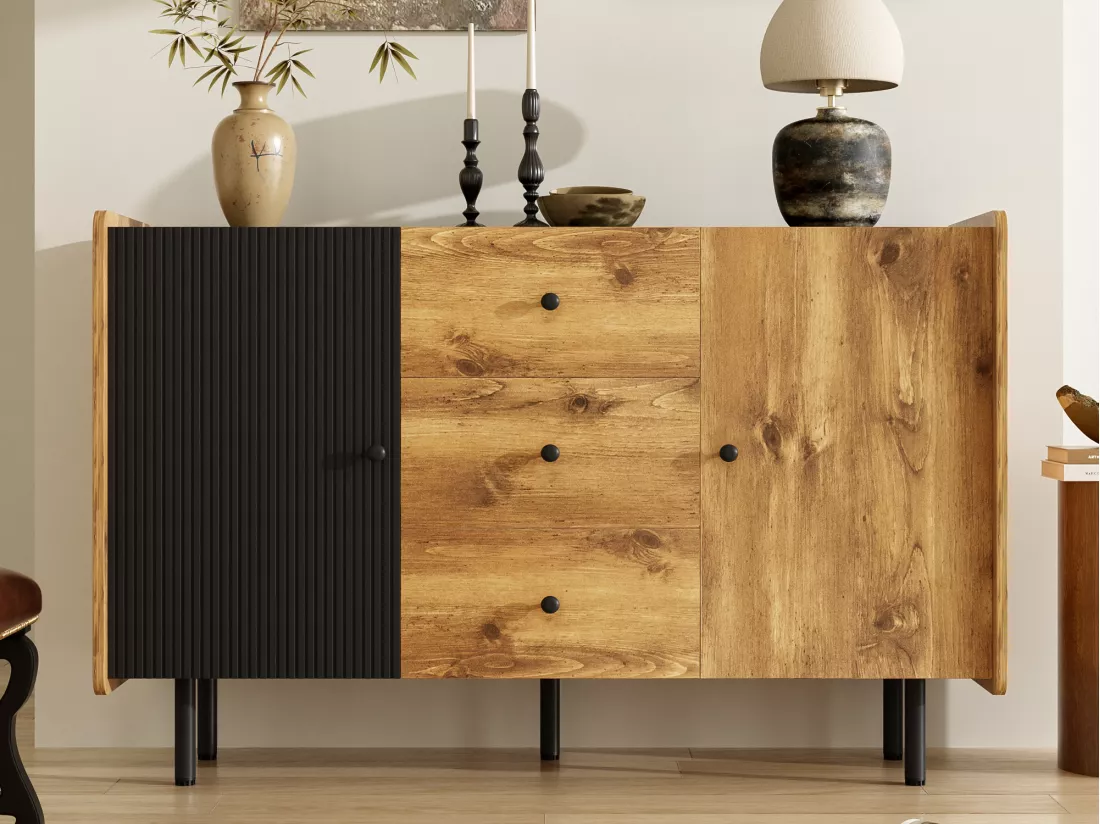 Buffet contemporain - 2 portes et 3 tiroirs - Noir & Naturel