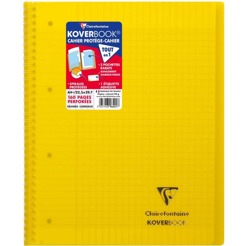Cahier reliure intégrale enveloppante Koverbook A4+ 160 pages grands carreaux détachables perforé 4 trous couverture polypropylène t ransparent - Assortis