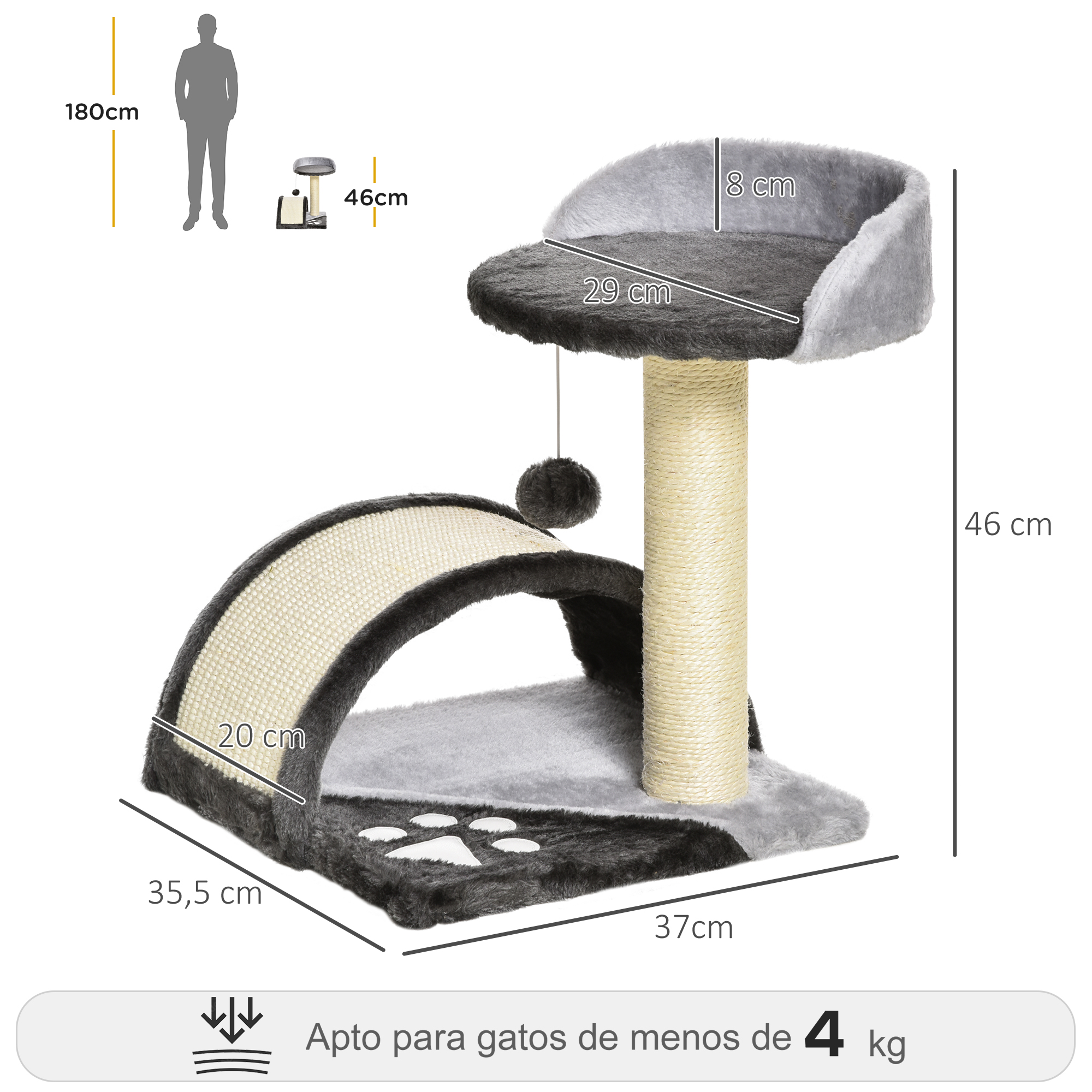 Arranhador de 2 níveis PawHut para gatos pequenos, 46 cm de altura, com poste para arranhar, prancha, plataformas e brinquedo de bola pendurado, 35,5 x 37 x 46 cm, cinza.