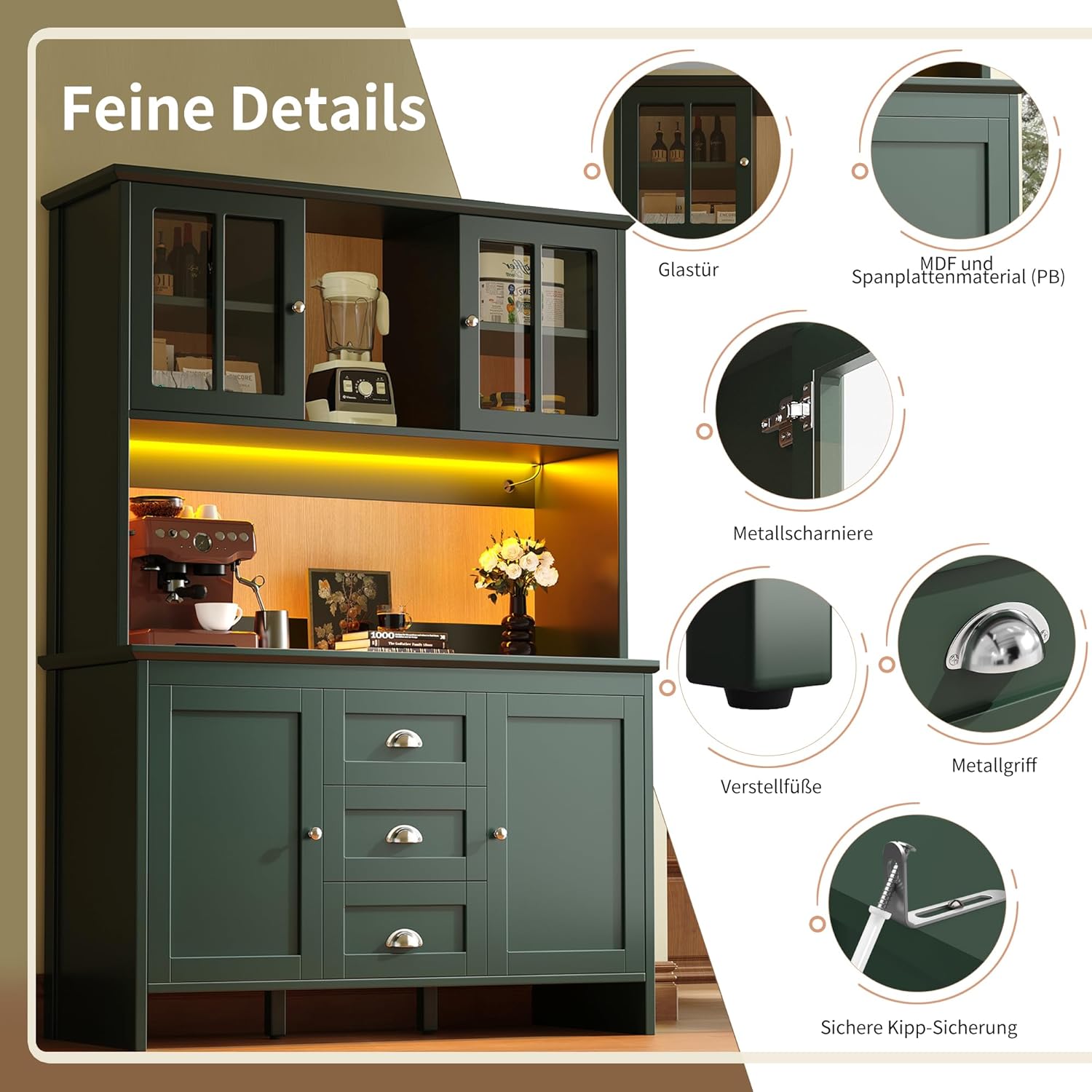 Buffetschrank, Hochschrank, Küchenschrank, Sideboards, mit Braunen Glastüren und LED-Beleuchtung, 4 Türen & 3 Schubladen, für Küchen Esszimmer, 120x40x179cm (Grün)