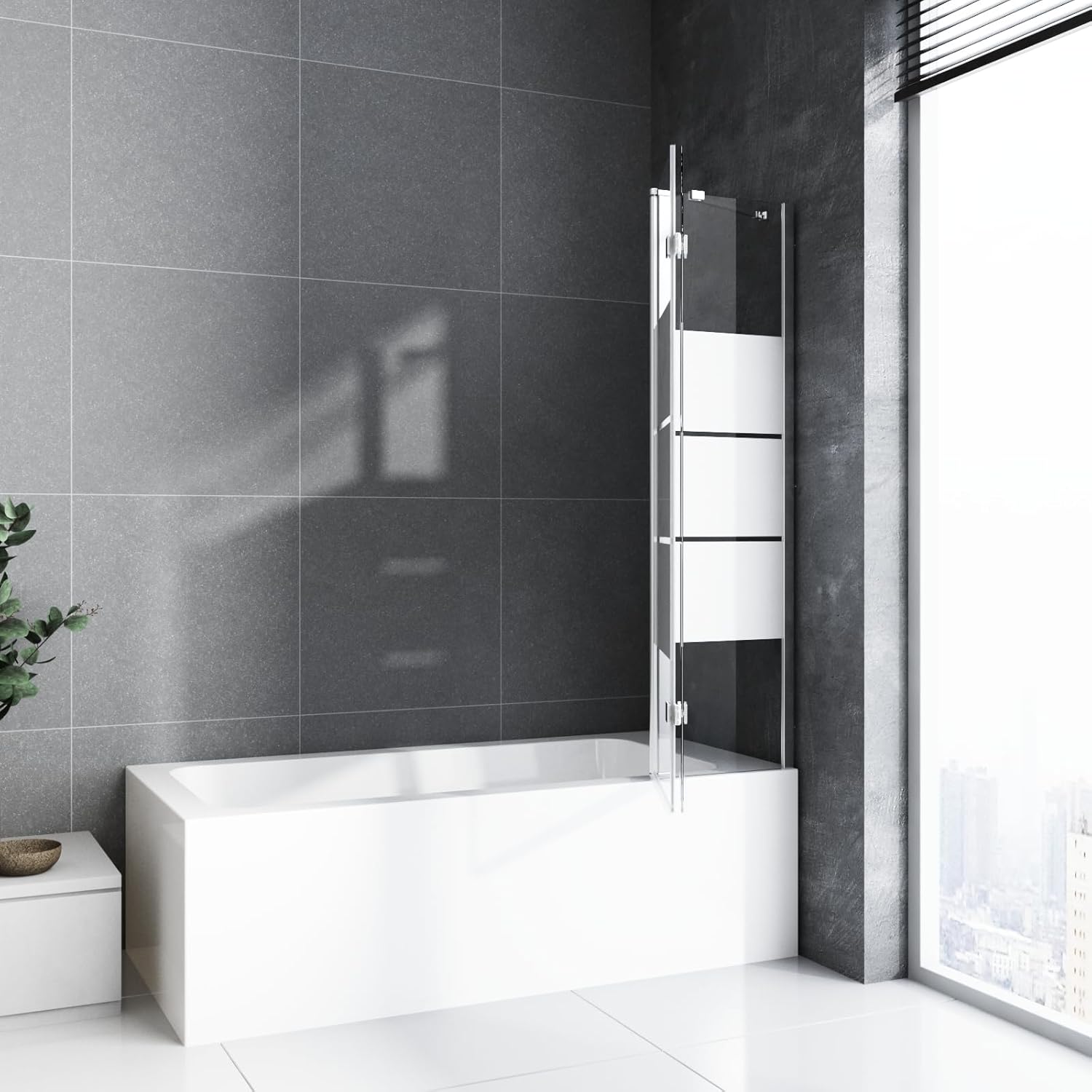 Duschwand für Badewanne mit Stabilisator und Festteil 2 teilig faltbar 140 x 140 cm Gestreift Badewannenfaltwand Duschtrennwand 6mm Nano Glas Duschabtrennung Badewanne