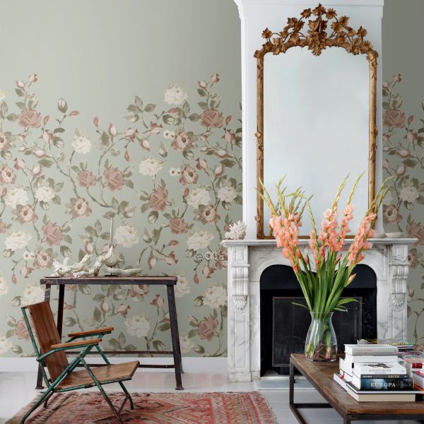 Estahome Vintage Bloemen Fotobehang  - 1,5 x 2,79 m - Vergrijsd Mintgroen / Oudroze