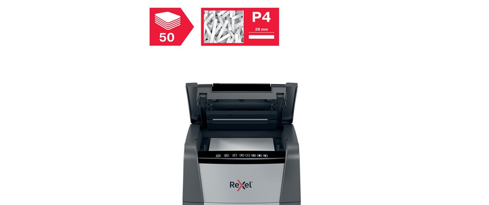 Aktenvernichter Rexel Optimum AutoFeed+ 50X, Partikelschnitt<br>Automatischer Schredder (auto) für sichere Vernichtung vertraulicher Unterlagen (bis zu 50 Blatt)