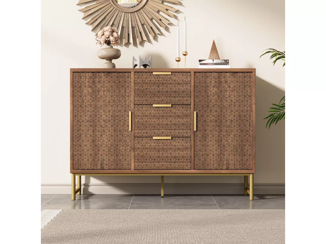Commode avec 3 tiroirs et 2 portes, compartiments réglables, anti-basculement, 120 x 40 x 75 cm, Panneau de particules et métal, noyer