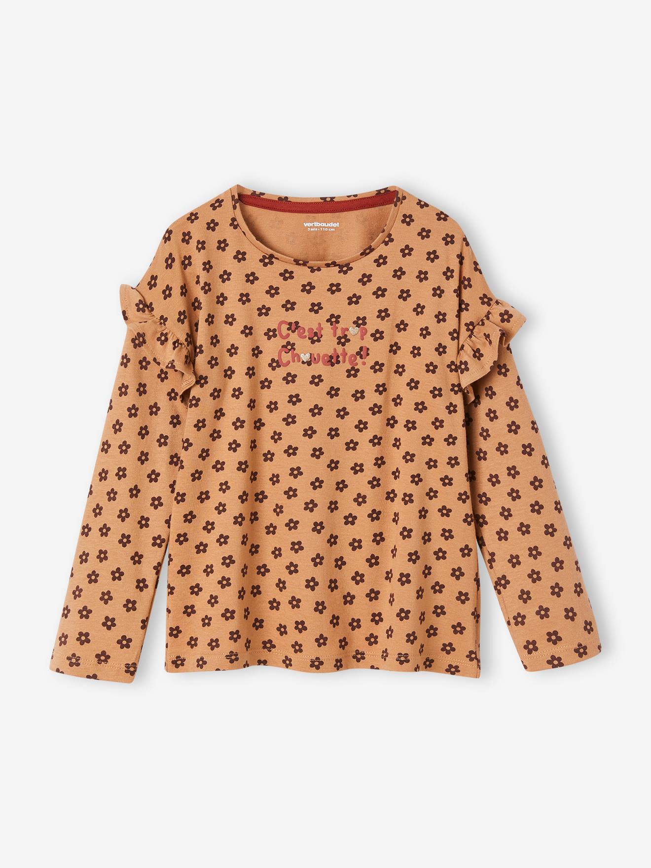 Camiseta infantil listrada branca clara com mensagem e mangas com babados.