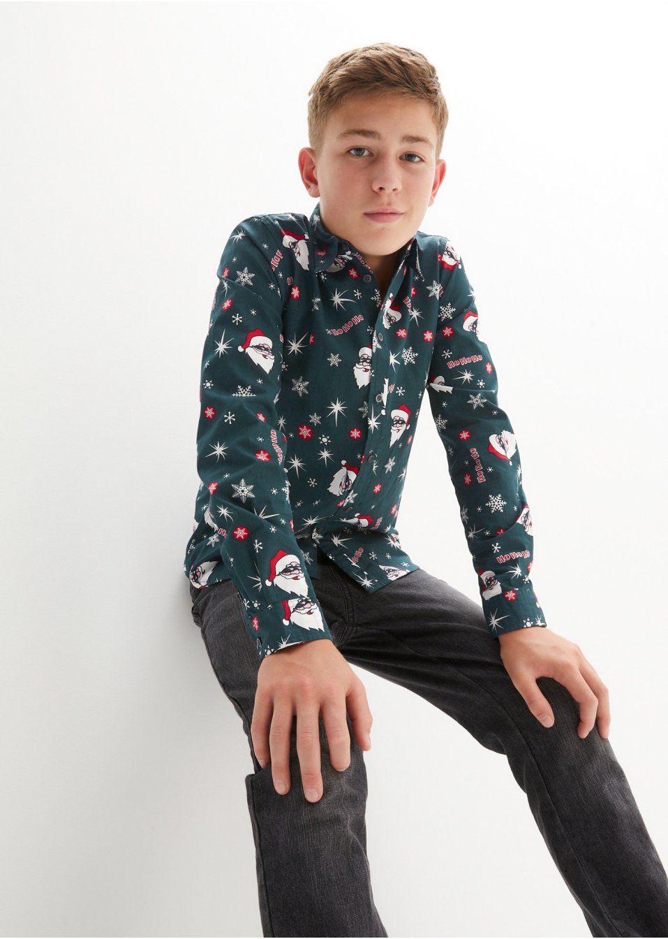 Chemise manches longues garçon à motif de Noël, Slim Fit